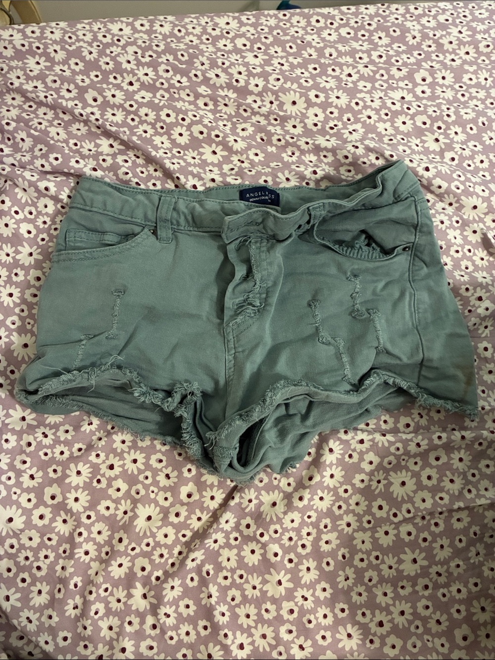 Angel Kiss Sage Green Distressed Denim Shorts